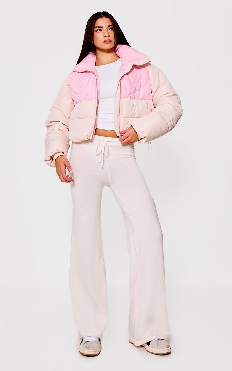 Pink Heart Detail Color Block Puffer Coat Product Image