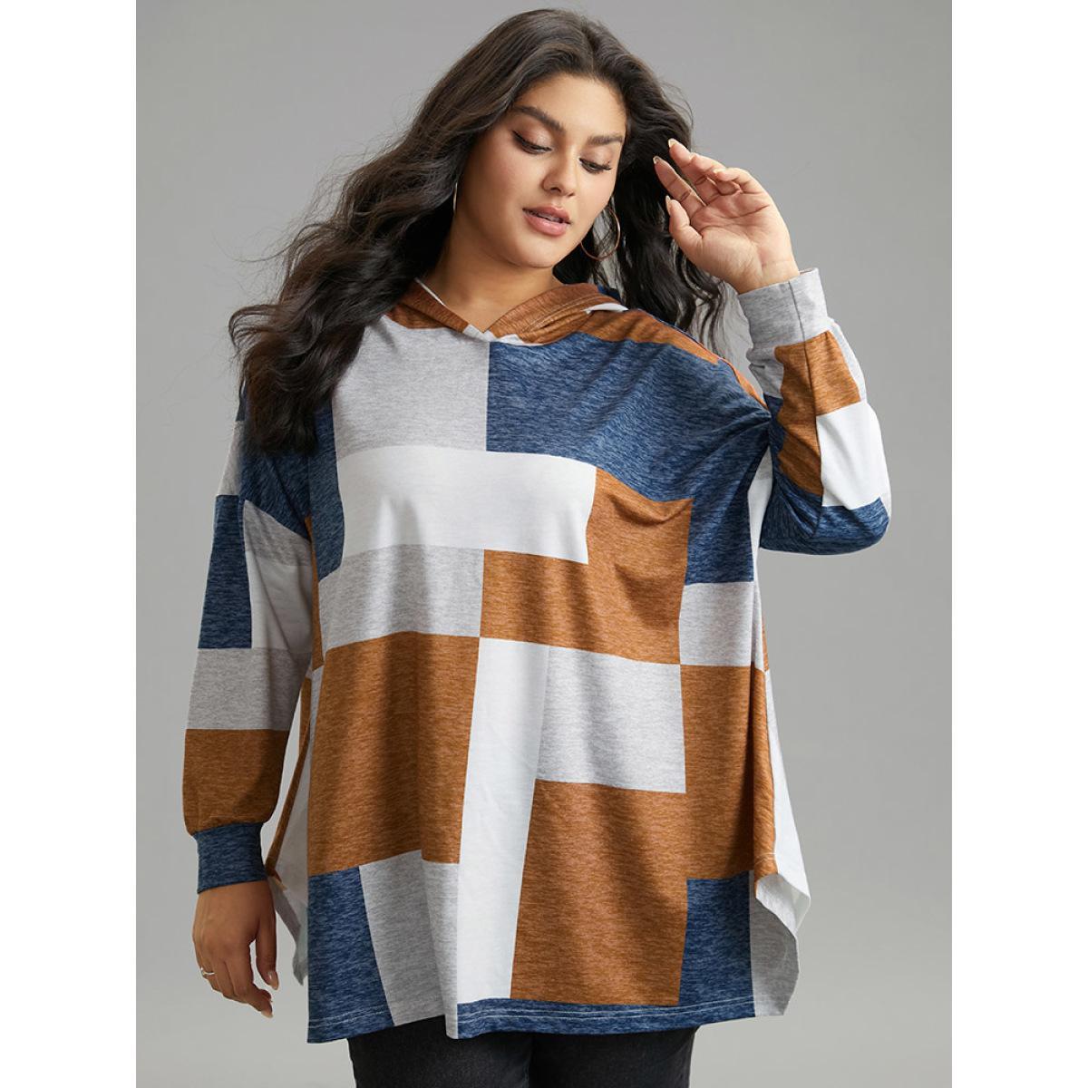 Plus Size Colorblock Contrast Hooded Drop Shoulder Sweatshirt Women Multicolor Casual Contrast Hooded Everyday Sweatshirts BloomChic 14-16/1X Product Image