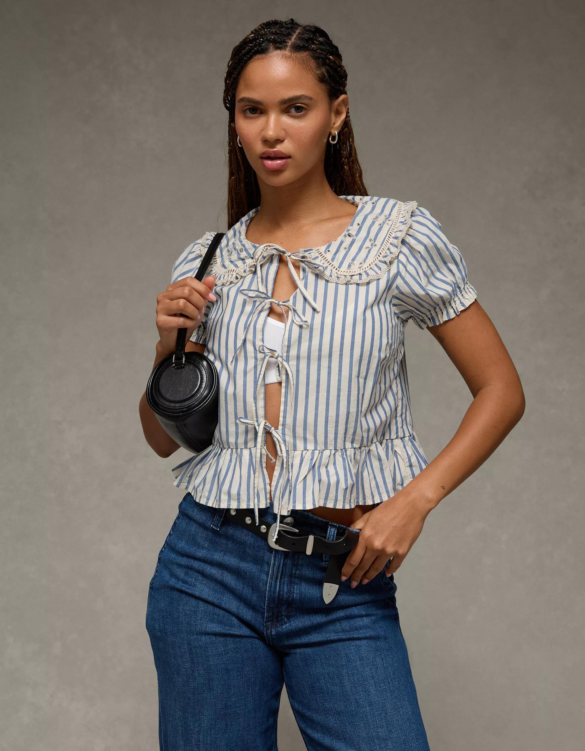 AE Collared Puff Sleeve Tie Front Blouse Product Image