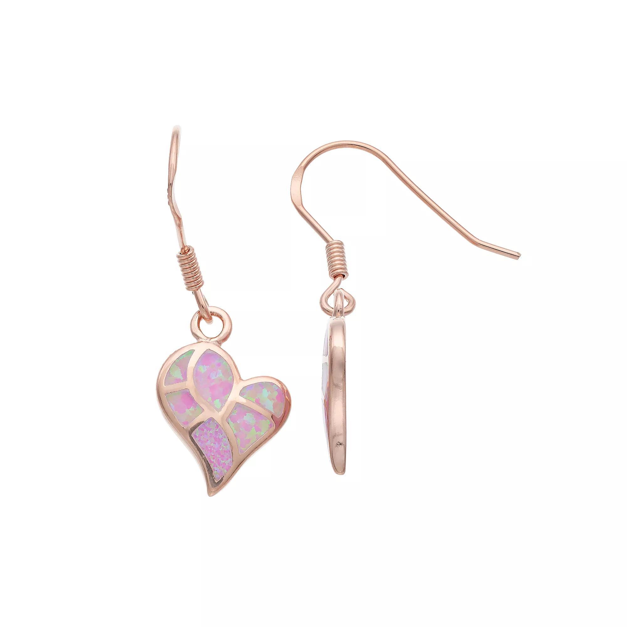 14k Rose Gold Over Silver Lab-Created Pink Opal Heart Drop Earrings, Women's, Pink Tone Product Image