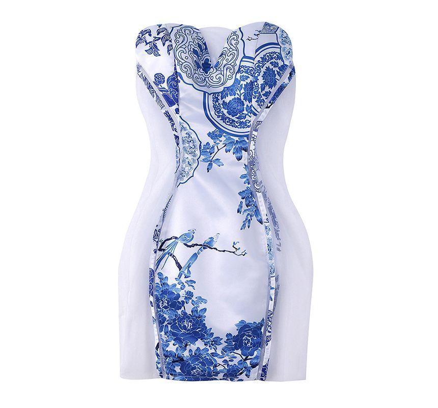 Strapless Print Mesh Panel Mini Bodycon Dress Product Image