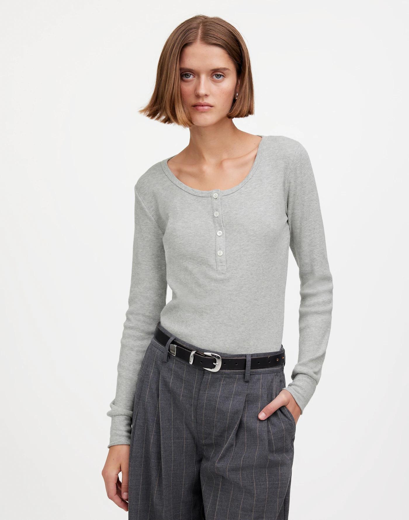 Heathered Waffle-Knit Scoopneck Henley Tee Product Image