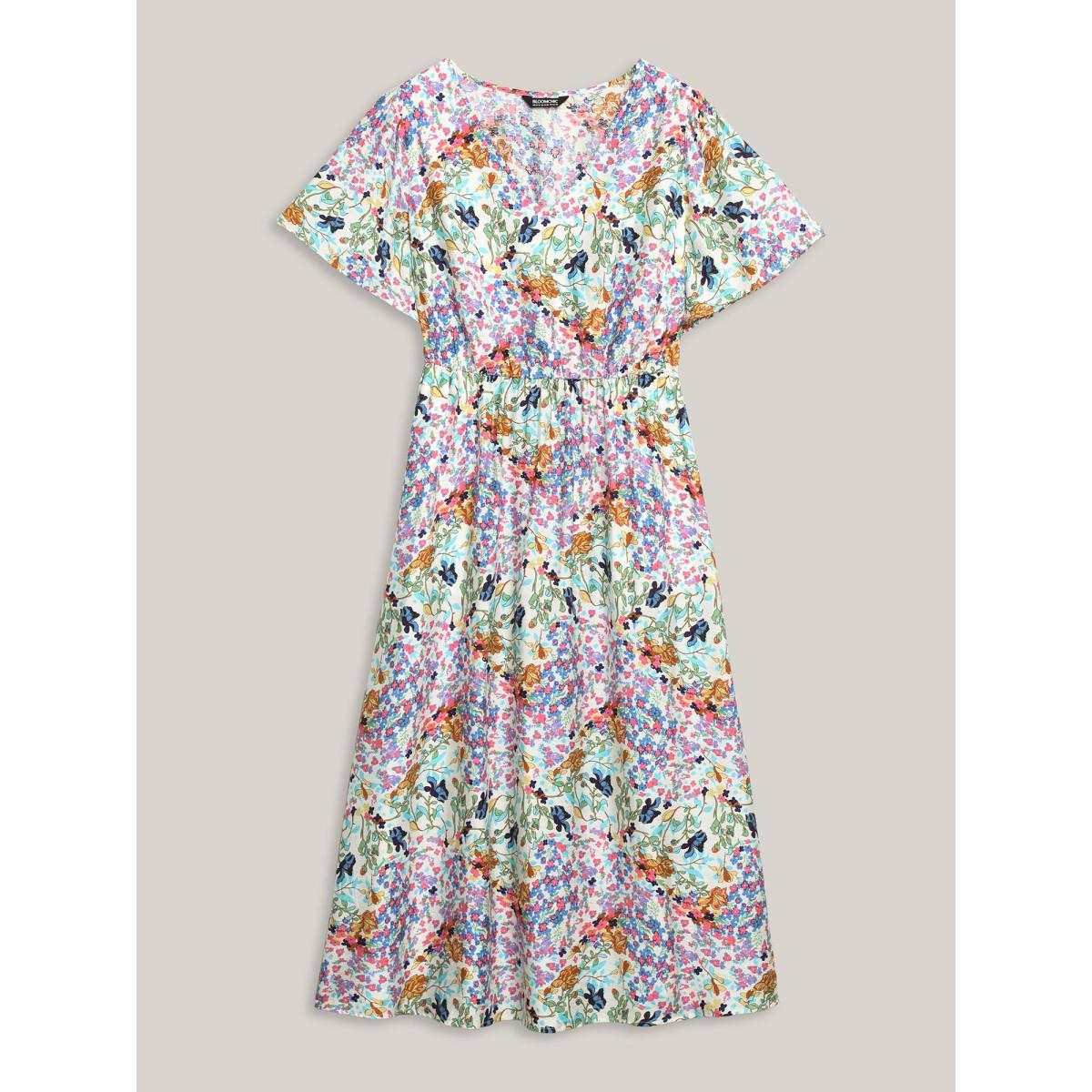 Plus Size Floral Print Cinched-Waist Pockets Midi Dress Mediumblue Women Timeless V-neck Short sleeve Curvy BloomChic 22-24/3X Product Image