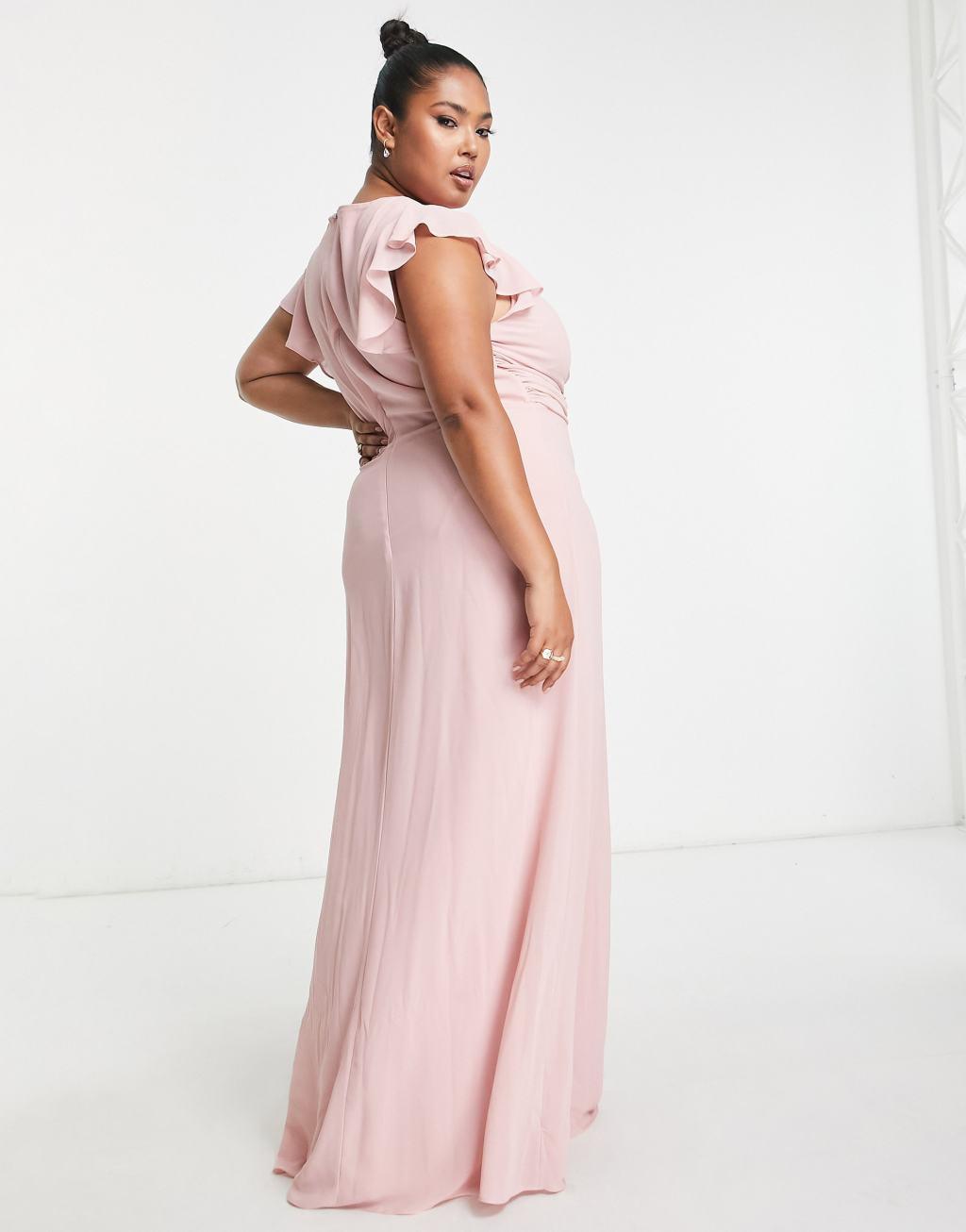 TFNC Plus Bridesmaid flutter sleeve ruffle detail maxi dress in blush Product Image