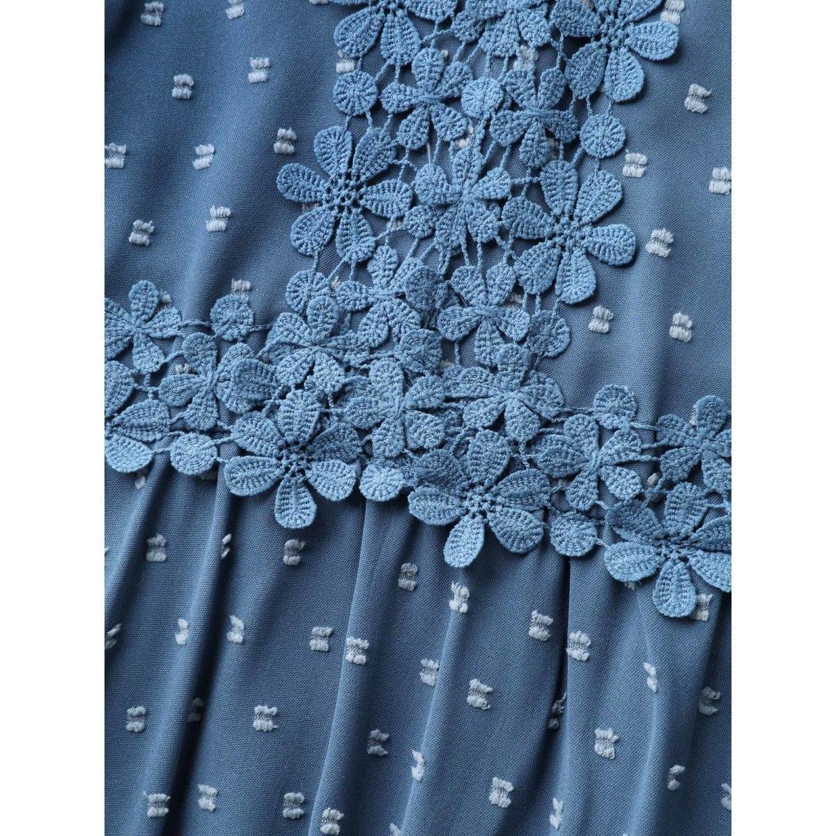 Plus Size Lace Textured Spliced Pockets Midi Dress Mediumblue Women Office Woven ribbon&lace trim V-neck Cap Sleeve Curvy BloomChic 22-24/3X Product Image