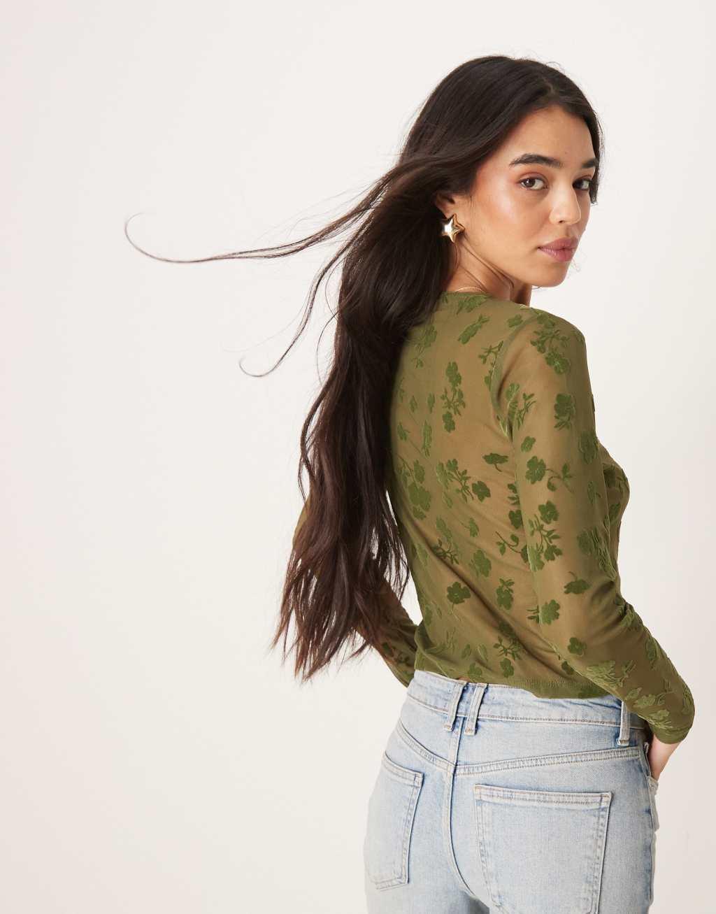 ASOS DESIGN flocked shrunken cardigan in olive Product Image