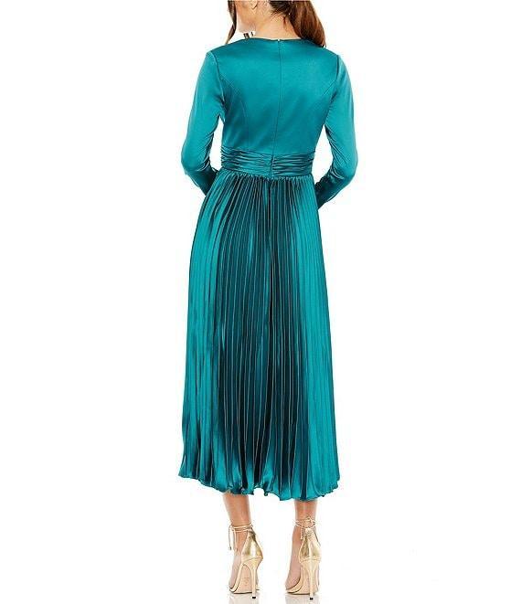 Mac Duggal Pleated Satin V-Neck Long Sleeve Fit and Flare Midi Dress Product Image