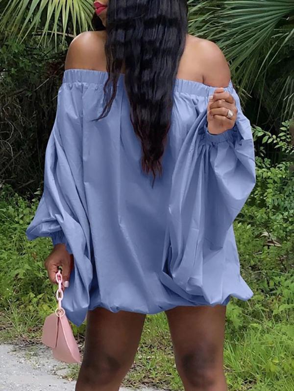 Long Sleeves Loose Elasticity Solid Color Off-The-Shoulder Mini Dresses Product Image
