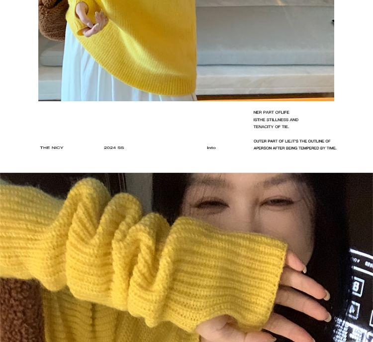 Set: Elbow-Sleeve Crew Neck Plain Knit Top + Long Gloves Product Image