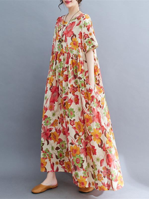 Loose Short Sleeves Pleated Printed Split-Joint Round-Neck Midi Dresses Product Image