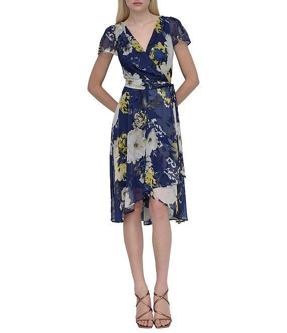 DKNY by Donna Karan Woven Floral Print V Neck Short Sleeve Faux Wrap Fit and Flare Dress Product Image
