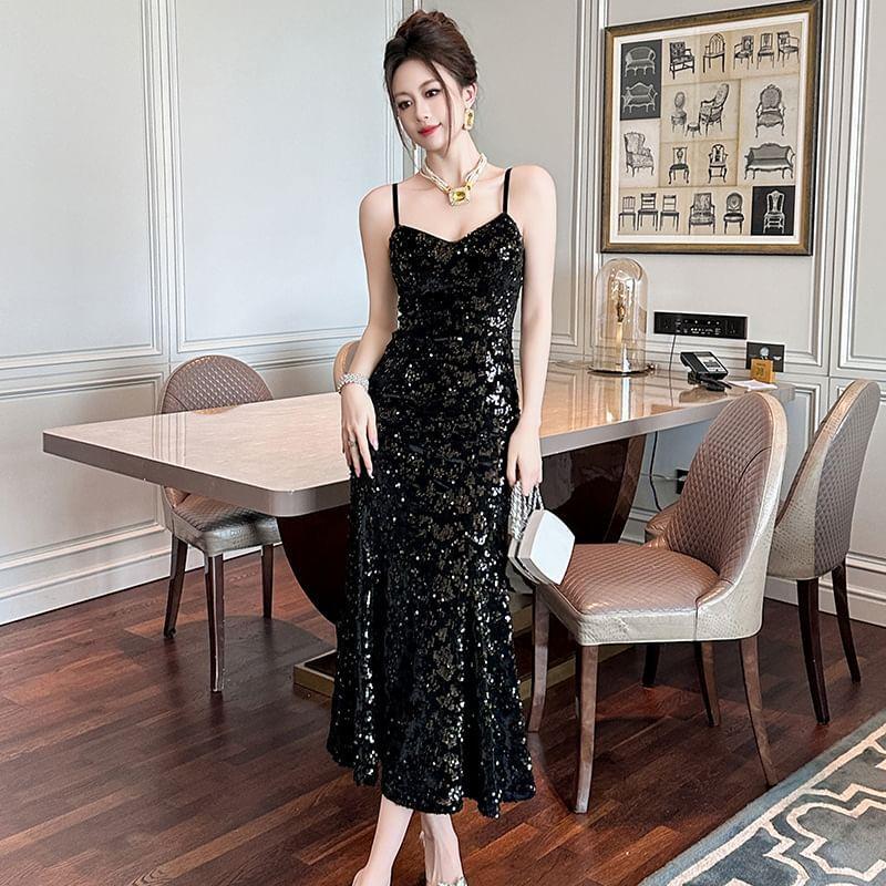 Spaghetti Strap Plain Sequin Midi Mermaid Dress Product Image