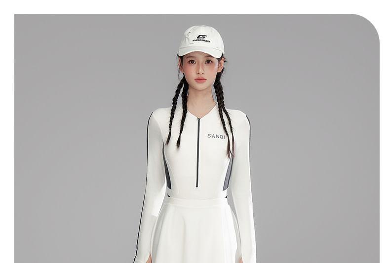 Set: Long-Sleeve Two Tone Swimsuit + Swim Skirt Product Image