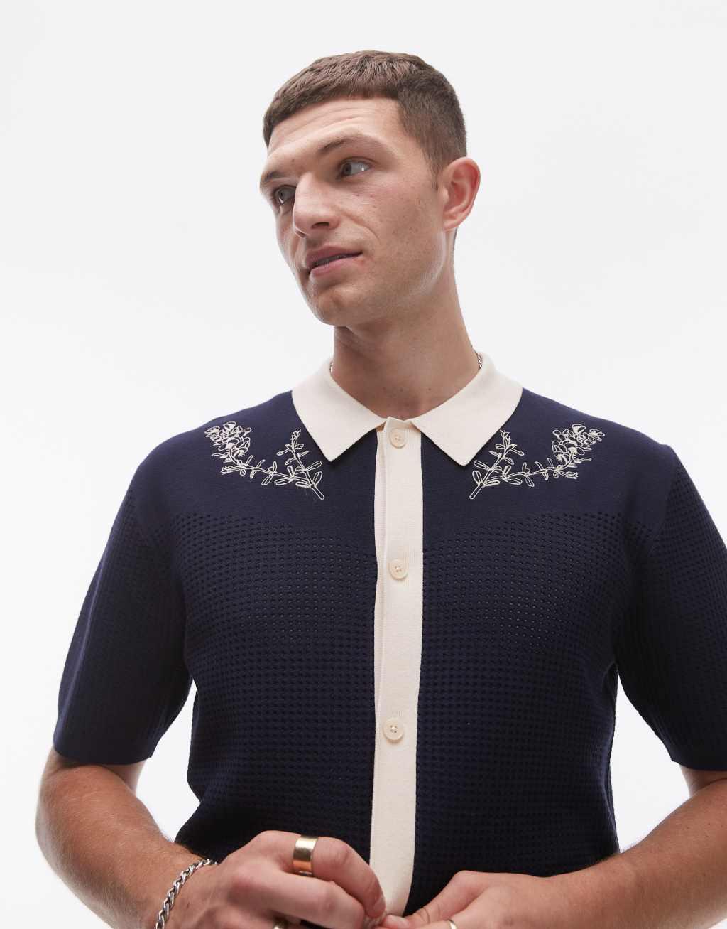 Topman relaxed embroidered knitted shirt in navy Product Image