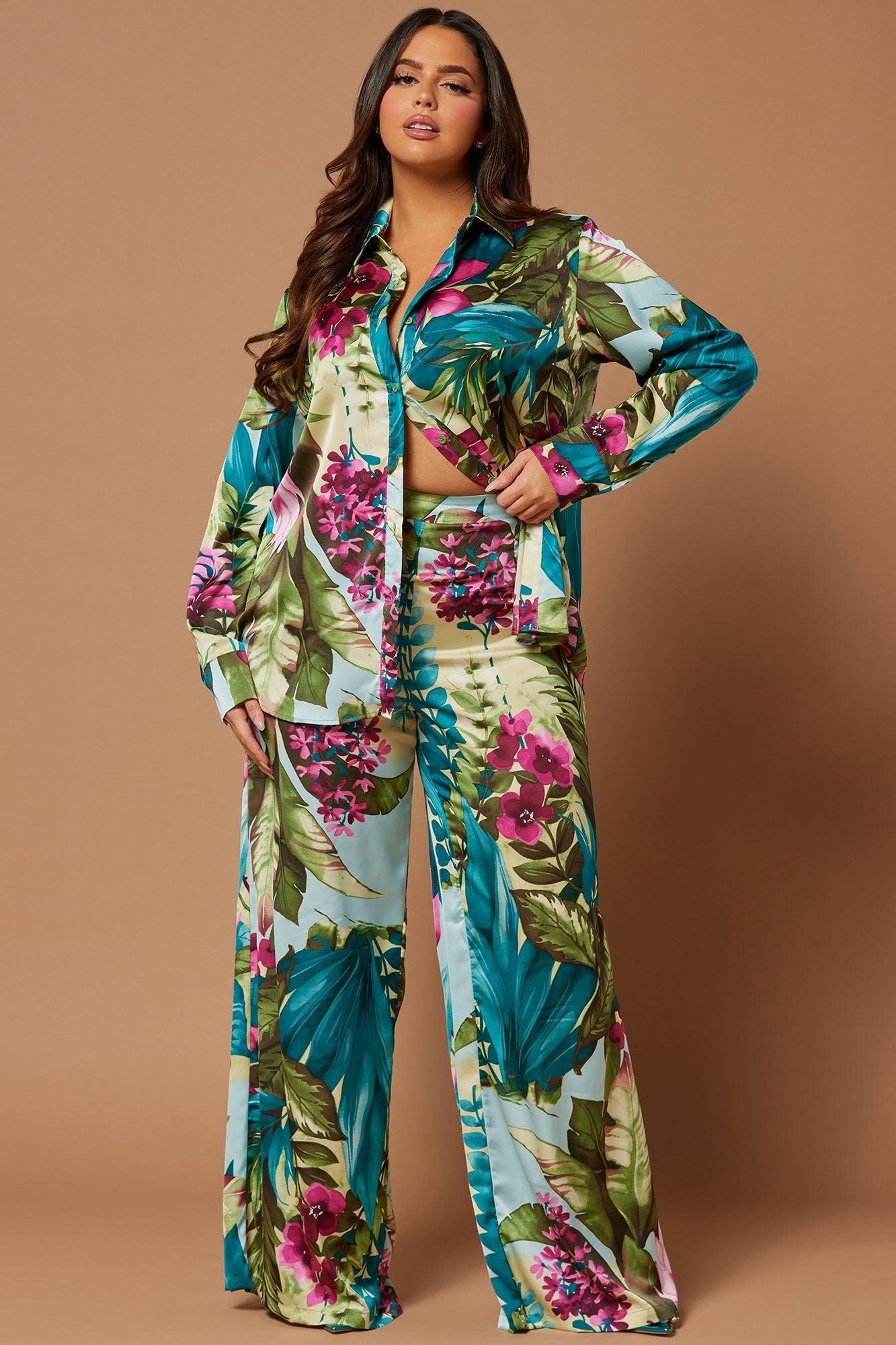 Kyoto Satin Pant Set - Green/combo Product Image