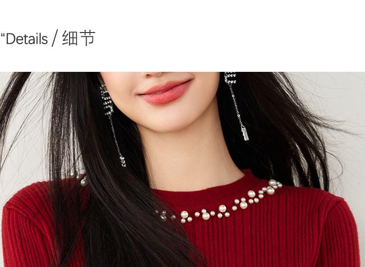 Long-Sleeve Boatneck Beaded Plain Knit Top Product Image