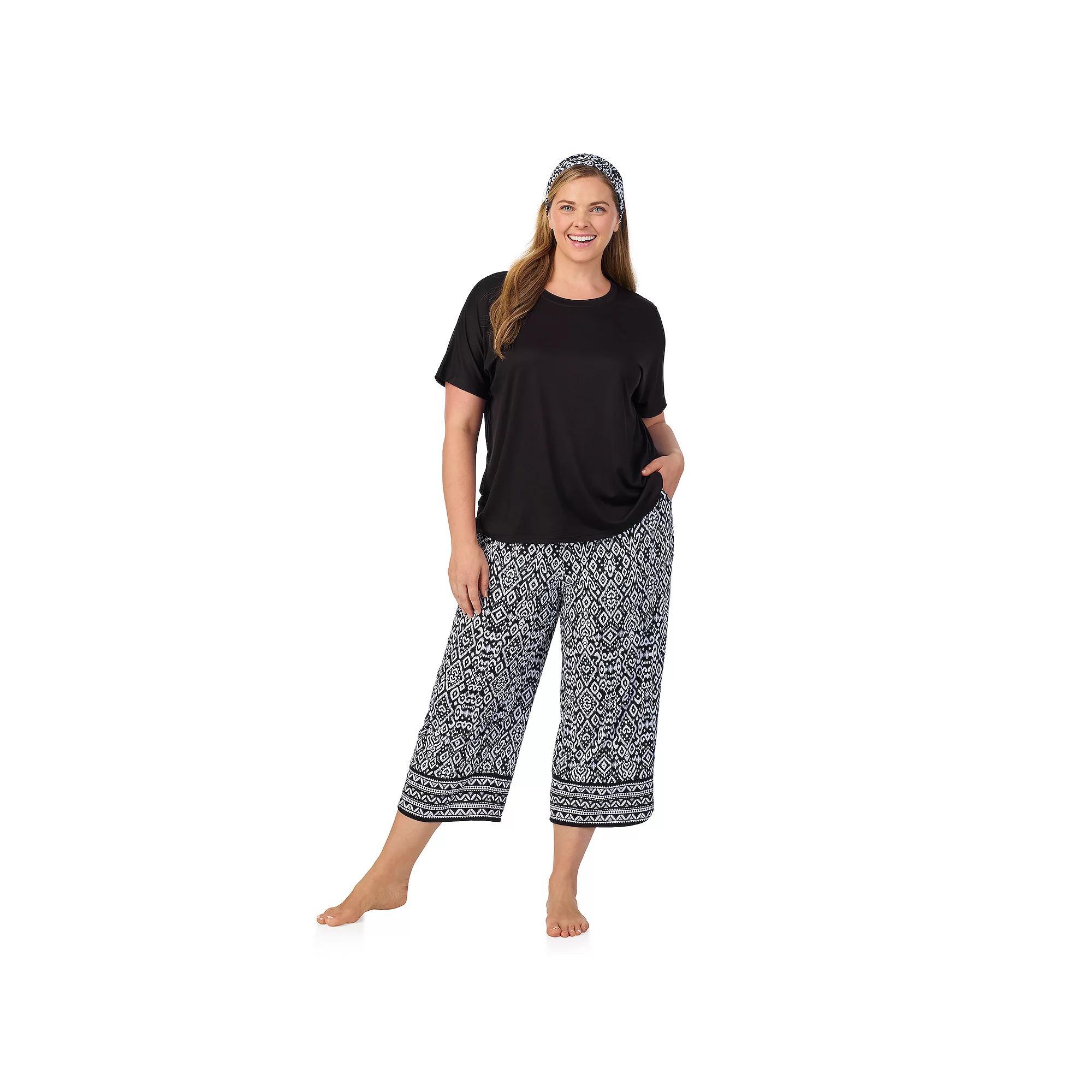 Plus Size Cuddl Duds® 2-pc. Pajama Crewneck Top & Pajama Capri Pants Set with Matching Headband, Women's, Size: 1XL, Black Ikat Border Product Image