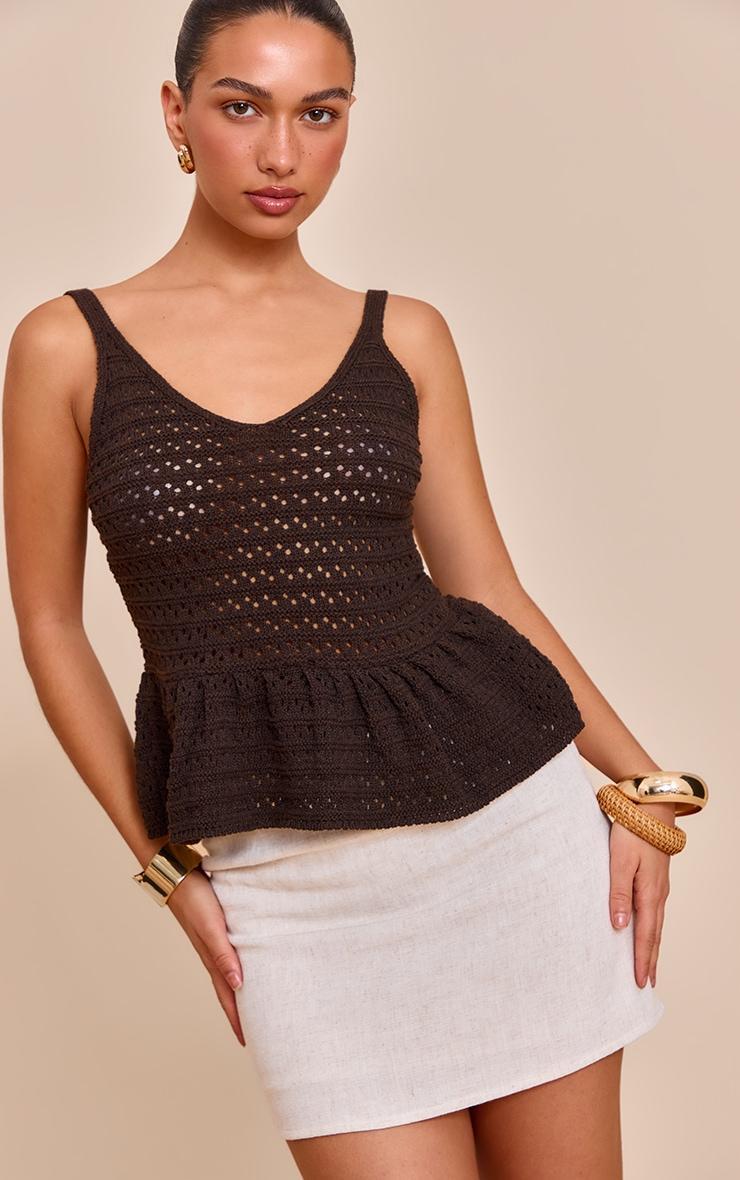 Chocolate Peplum Knit Crochet Top Product Image