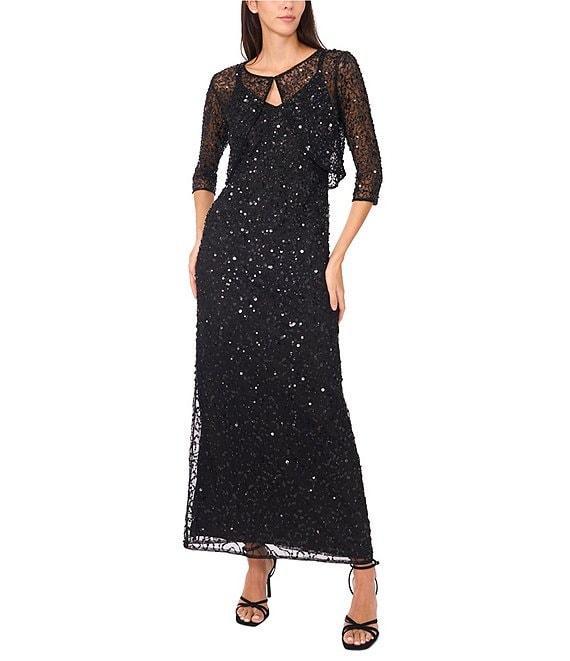 Pisarro Nights Beaded Mesh V-Neck 3/4 Sleeves A-Line 2-Piece Jacket Dress Product Image