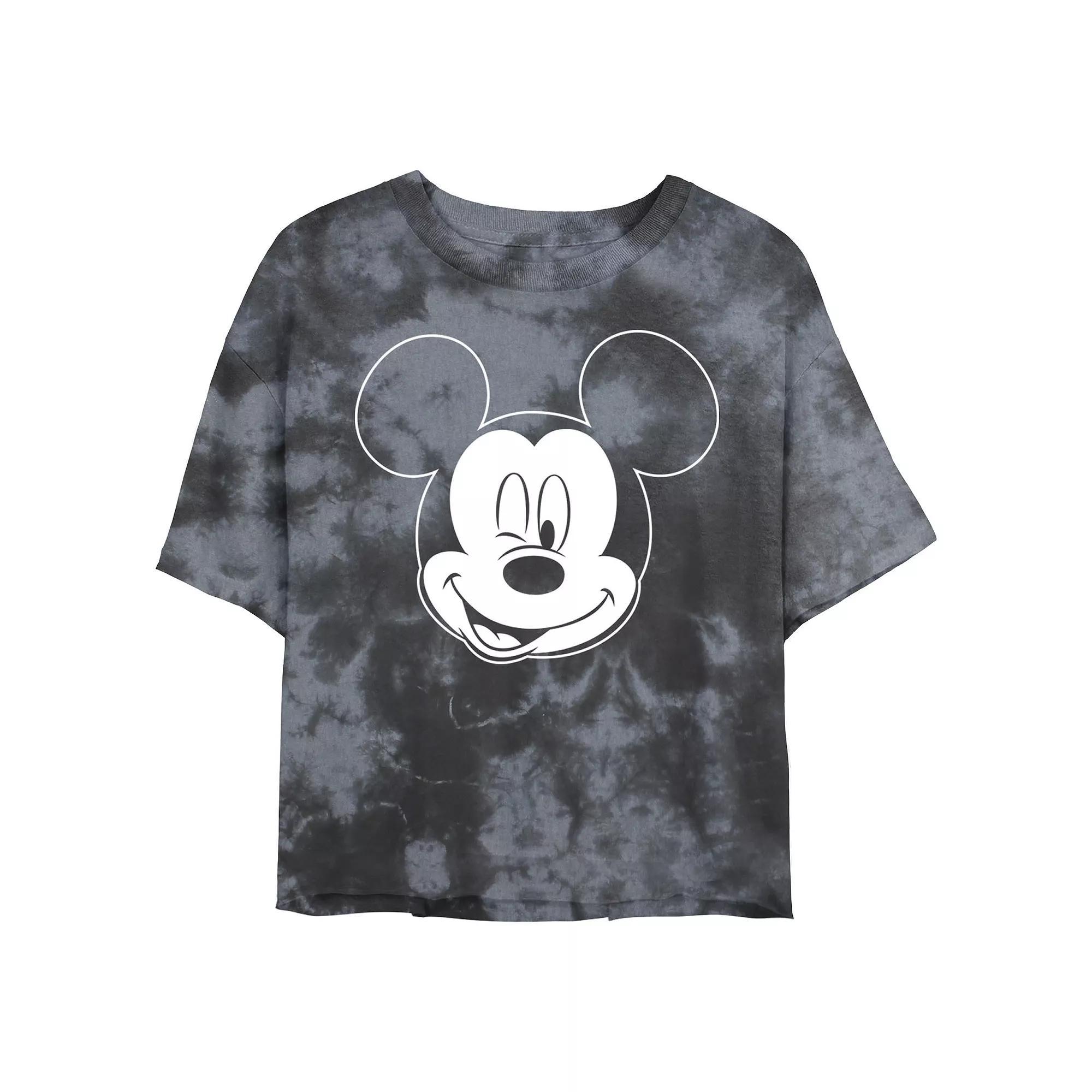 Juniors' Disney Mickey Mouse Large White Outline Winking Face Wash Crop Tee, Girl's, Size: Medium, Black Grey Product Image