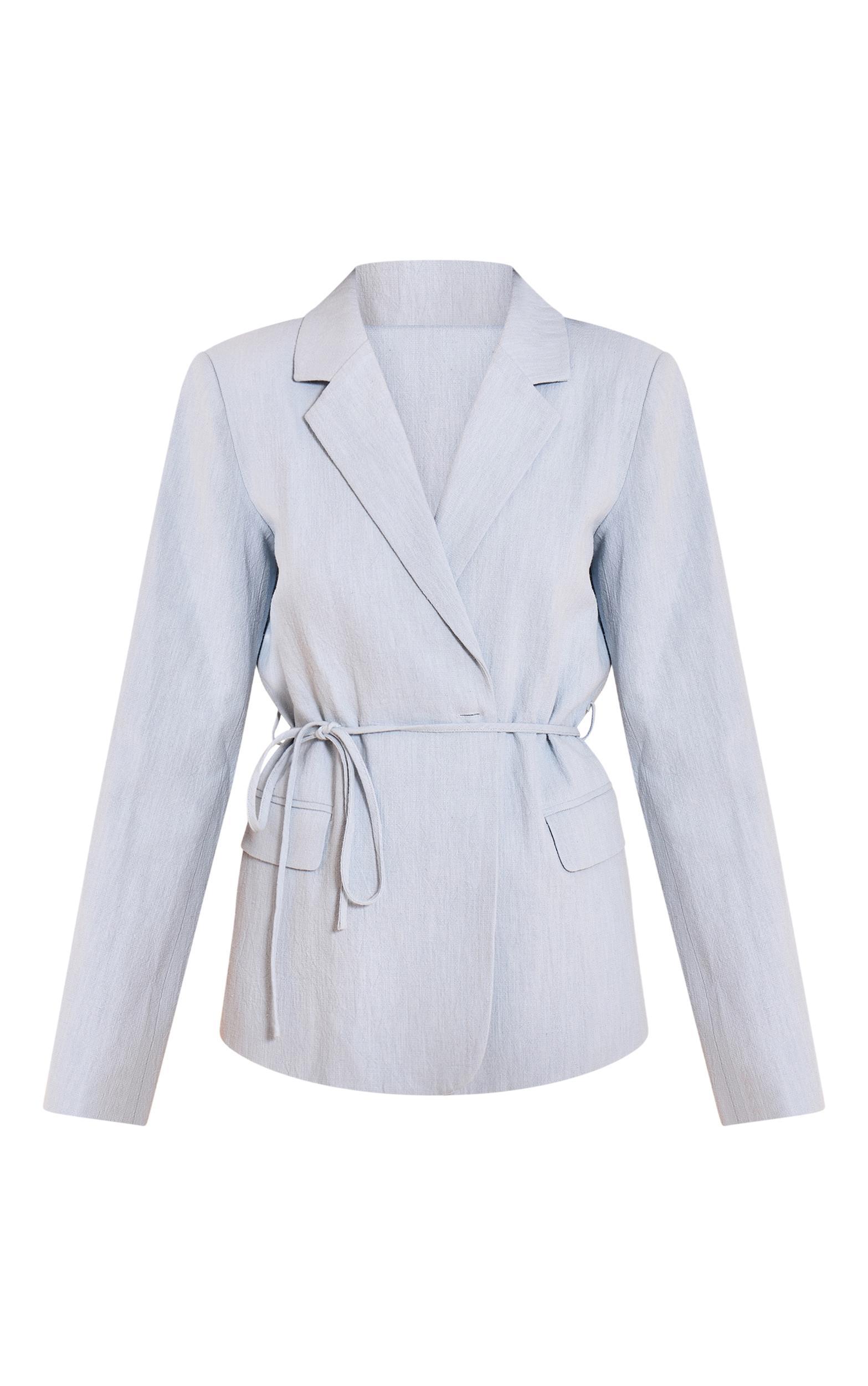 Light Blue Tie Waist Linen Look Blazer Product Image