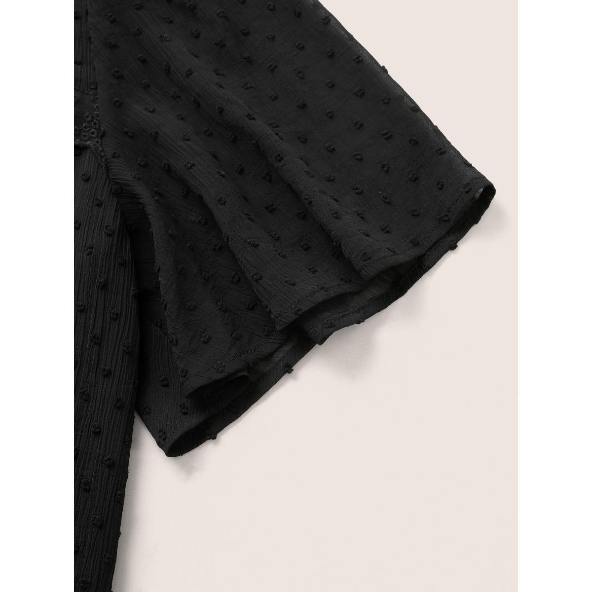 Plus Size Black Solid Texture Lace Trim See Through Gathered Blouse Women Elegant Short sleeve Round Neck Everyday Blouses BloomChic 12/L Product Image