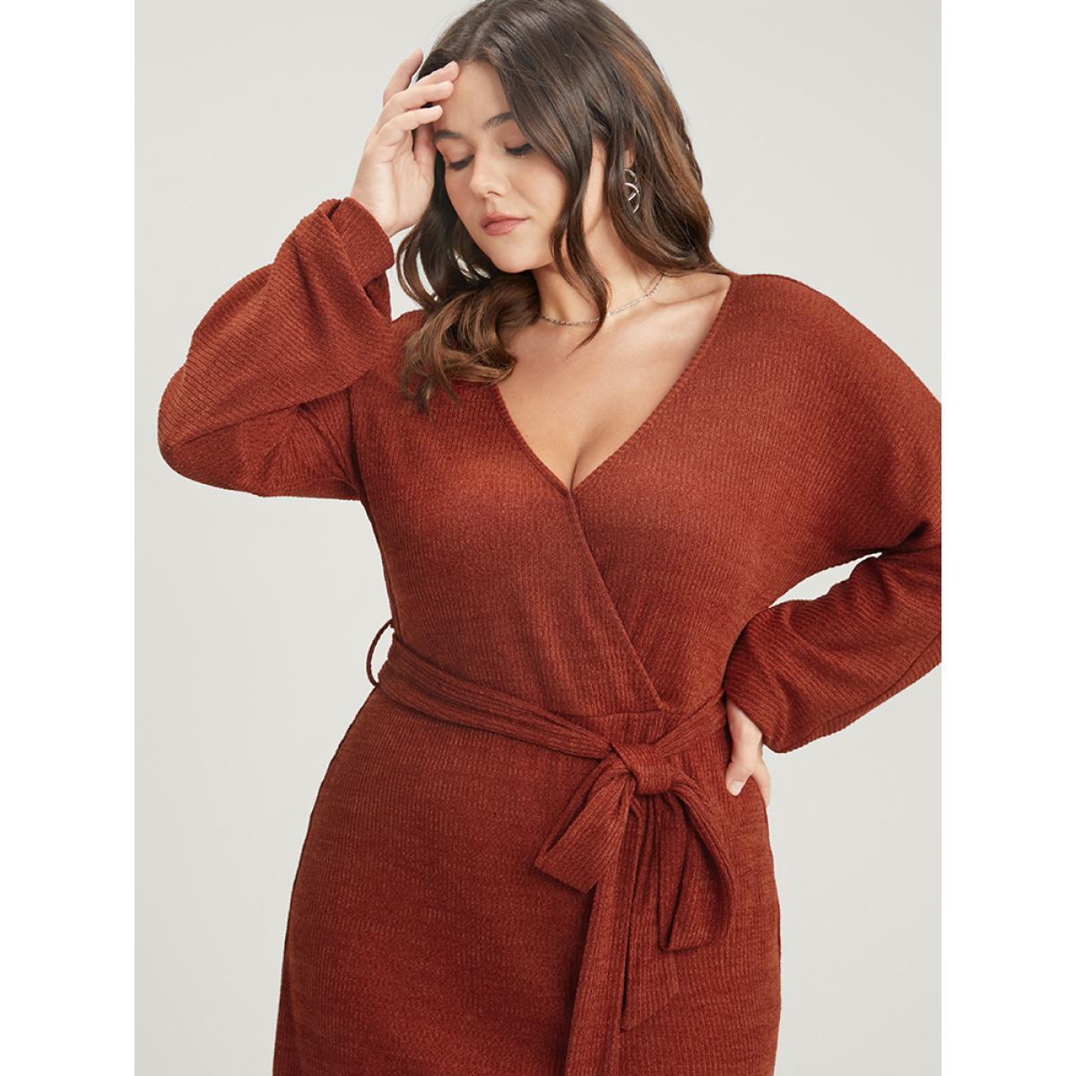 Plus Size Solid Surplice Neck Belted Knit Dress Russet Women Glamour Cross straps V-neck Long Sleeve Curvy Knee Dress BloomChic 10/M Product Image