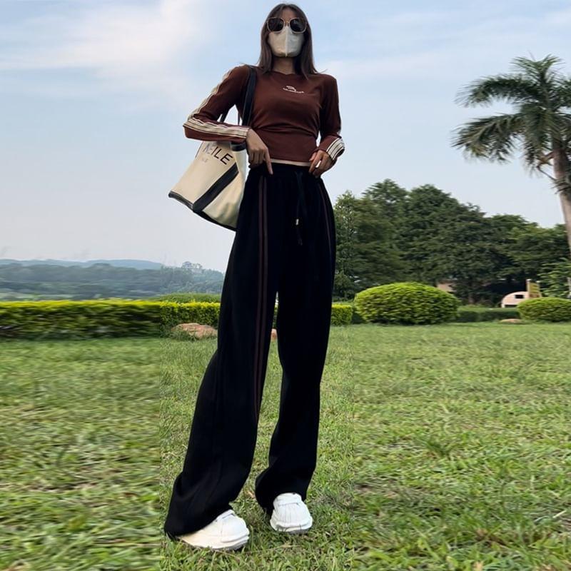 Drawstring Waist Striped Wide Leg Pants Product Image