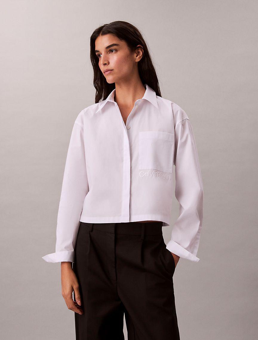 Cotton Stretch Cropped Boxy Button-Down Shirt  Product Image