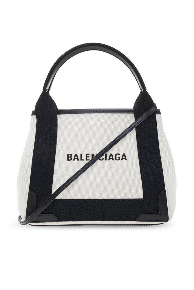 BALENCIAGA Navy Cabas Small Leather-trimmed Printed Canvas Tote In White Product Image