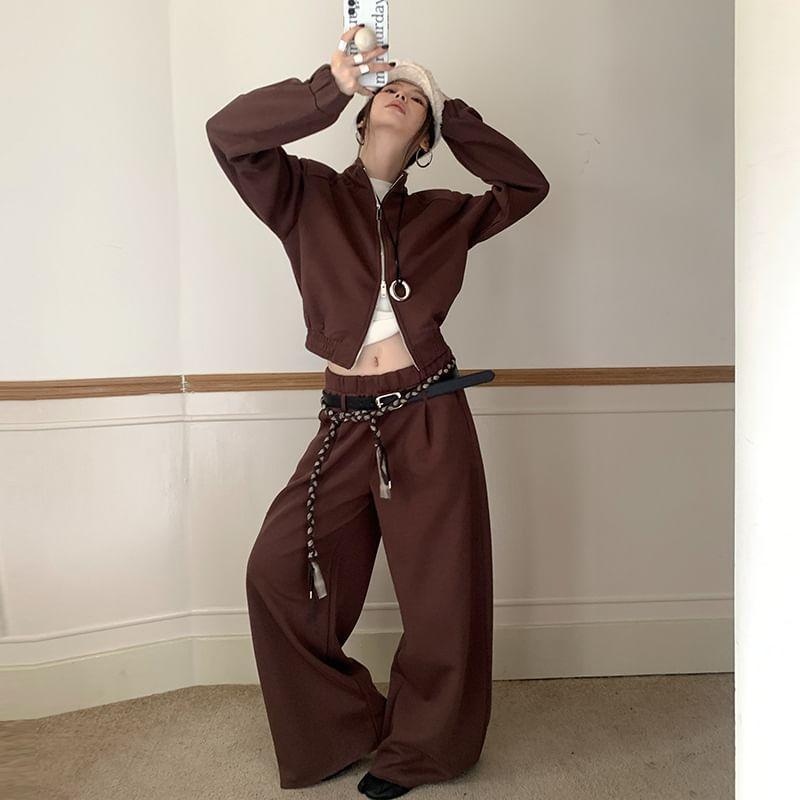 Set: Stand Collar Crop Zip Jacket + Elastic Waist Wide Leg Sweatpants + Belt Product Image