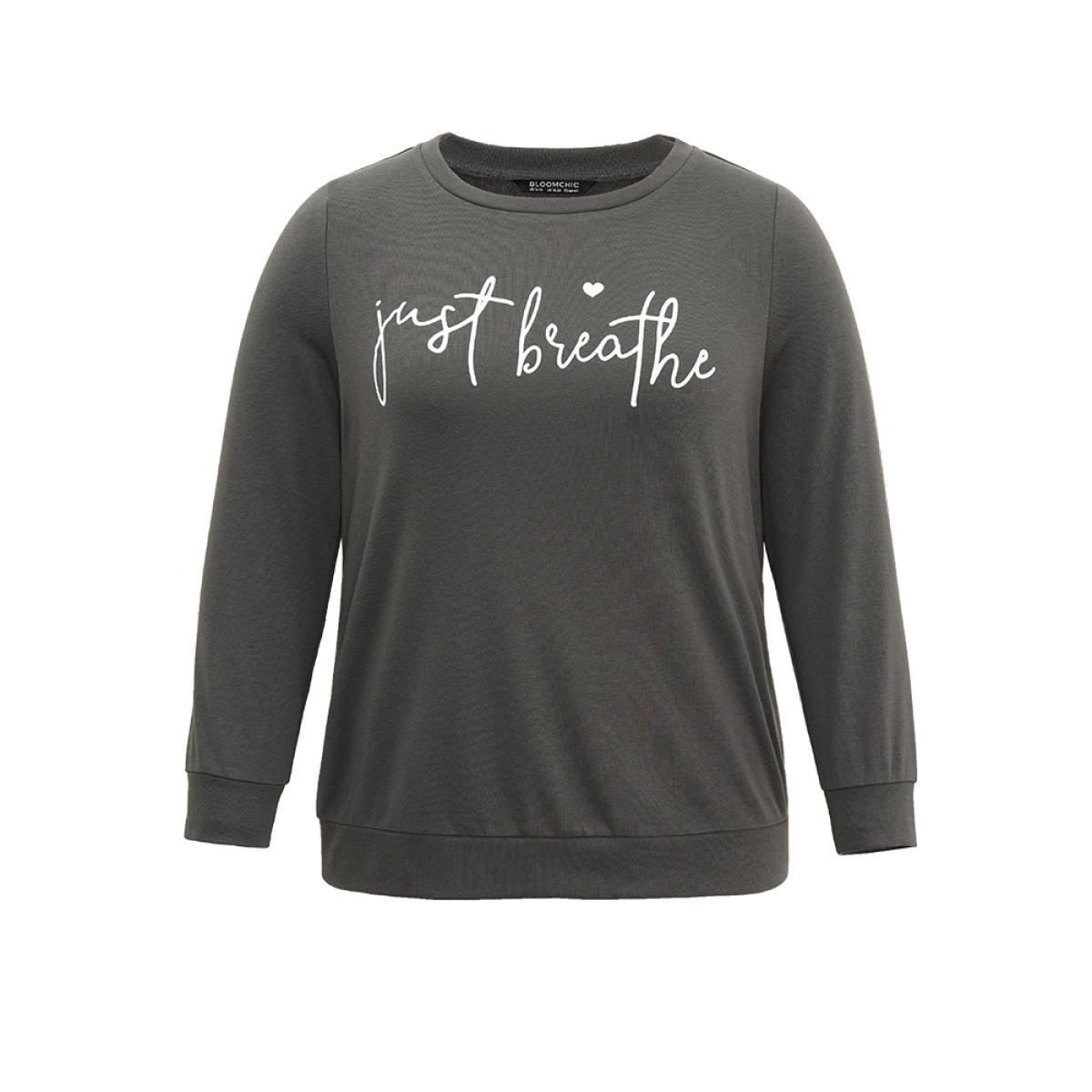 Plus Size Slogan Print Round Neck Knit Sweatshirt Women DimGray Casual Printed Dailywear Sweatshirts BloomChic 10/M Product Image