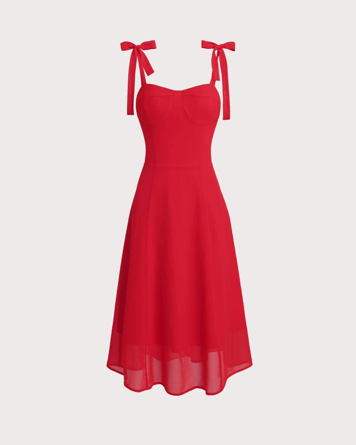 Red Sweetheart Neck Tie Strap Midi Dress Product Image