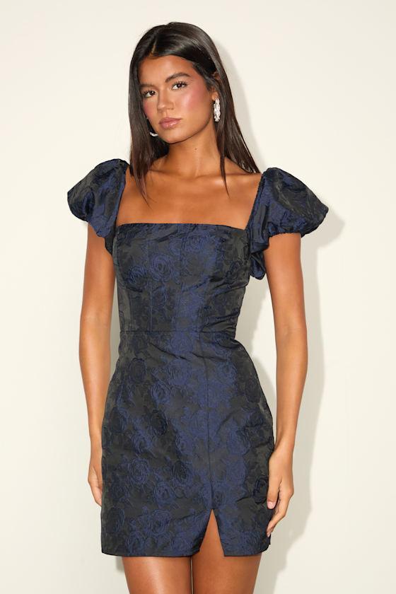 Momentous Cuteness Navy Jacquard Off-the-Shoulder Mini Dress Product Image
