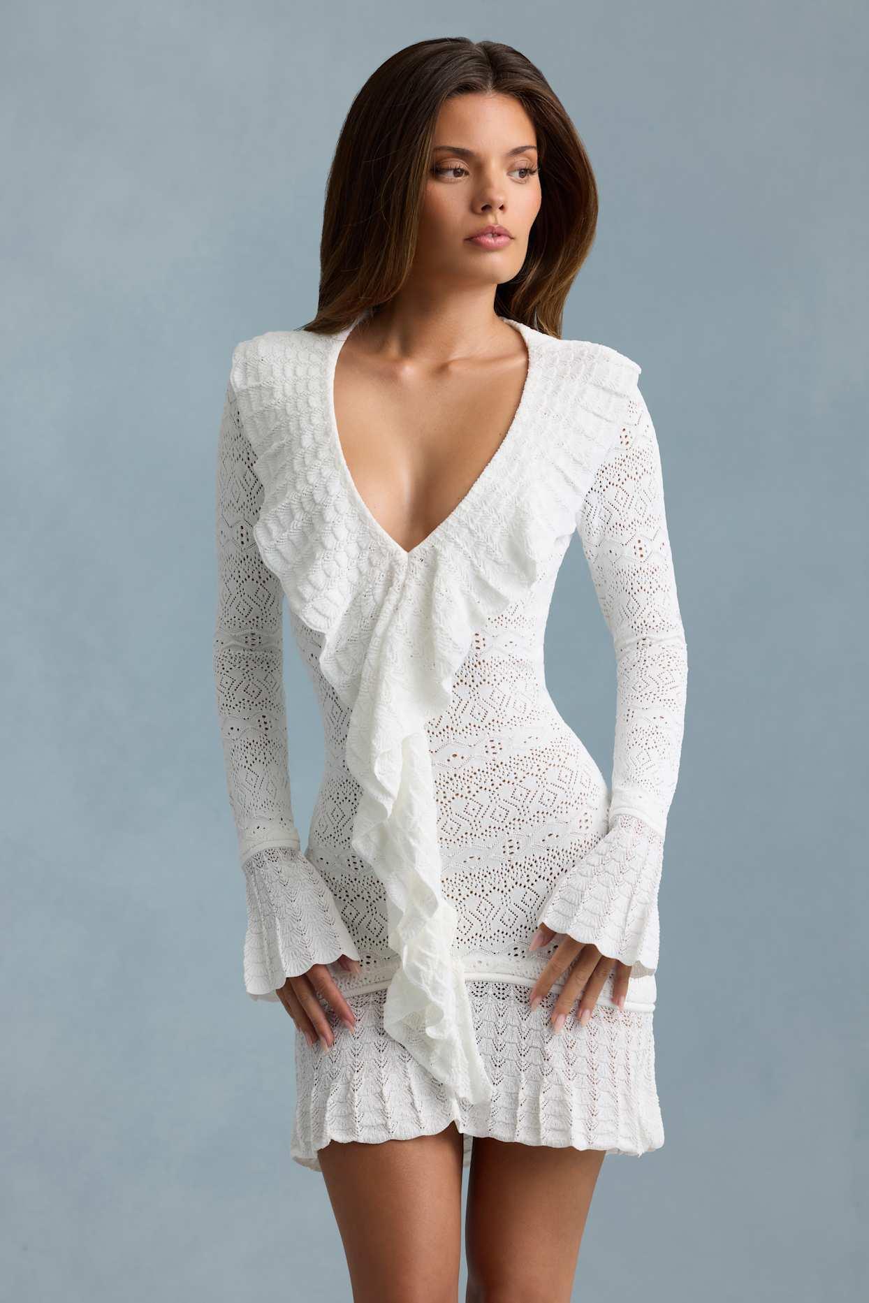 Ruffle-Trim Pointelle-Knit Mini Dress in White Product Image