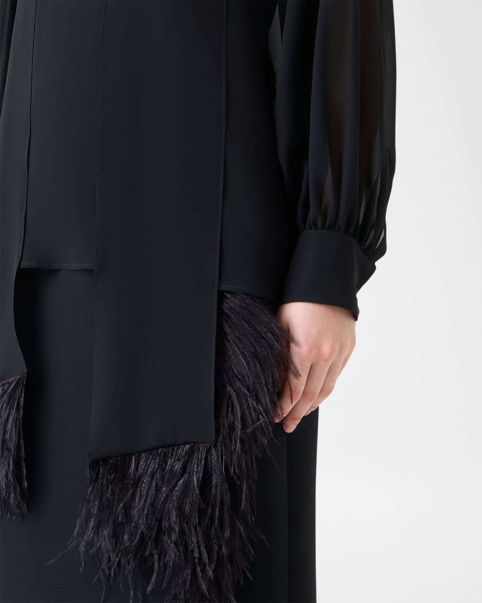Feather-Trim Scarf Silk Georgette Blouse Product Image