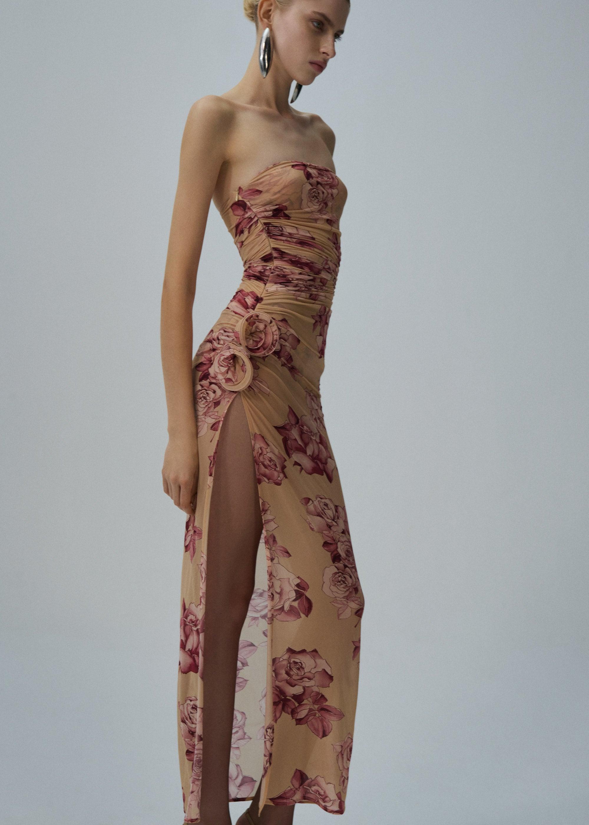 Strapless flower applique midi dress in beige print Product Image