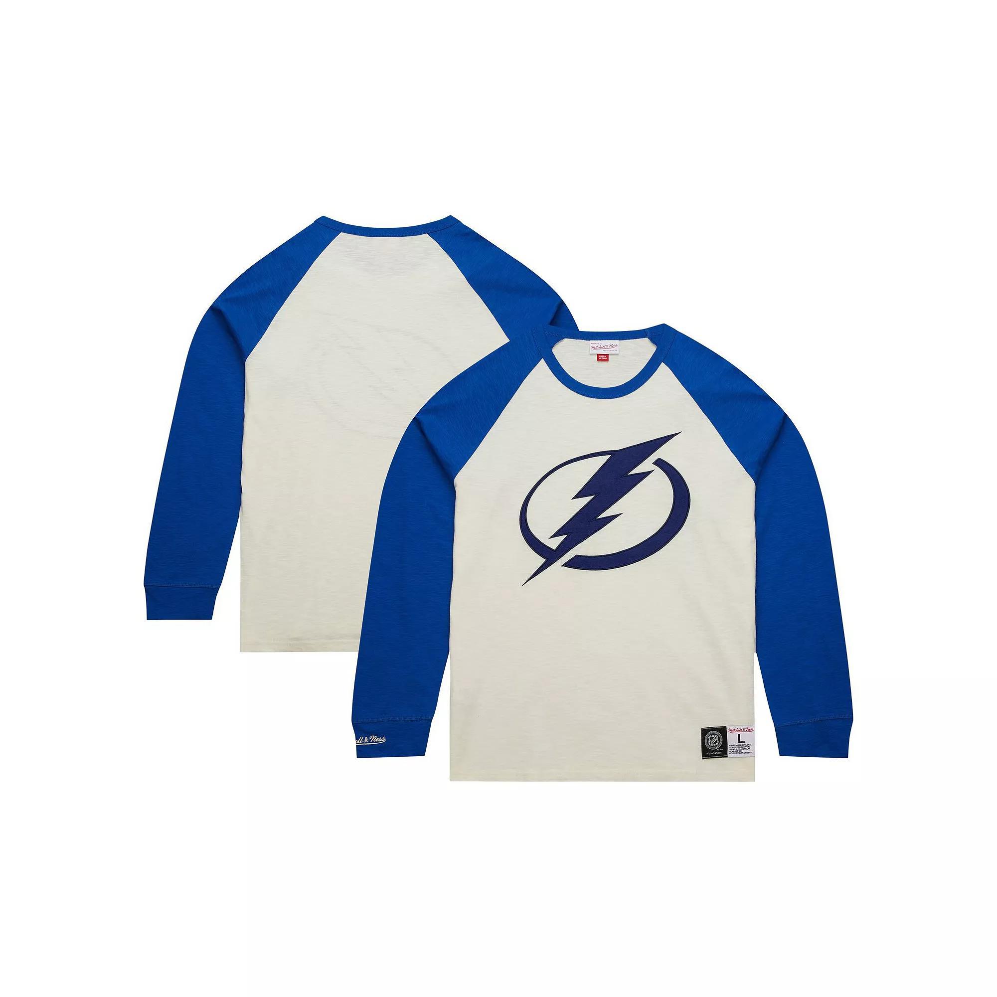 Men's Mitchell & Ness Cream Tampa Bay Lightning Legendary Slub Vintage Raglan Long Sleeve T-Shirt,  Product Image