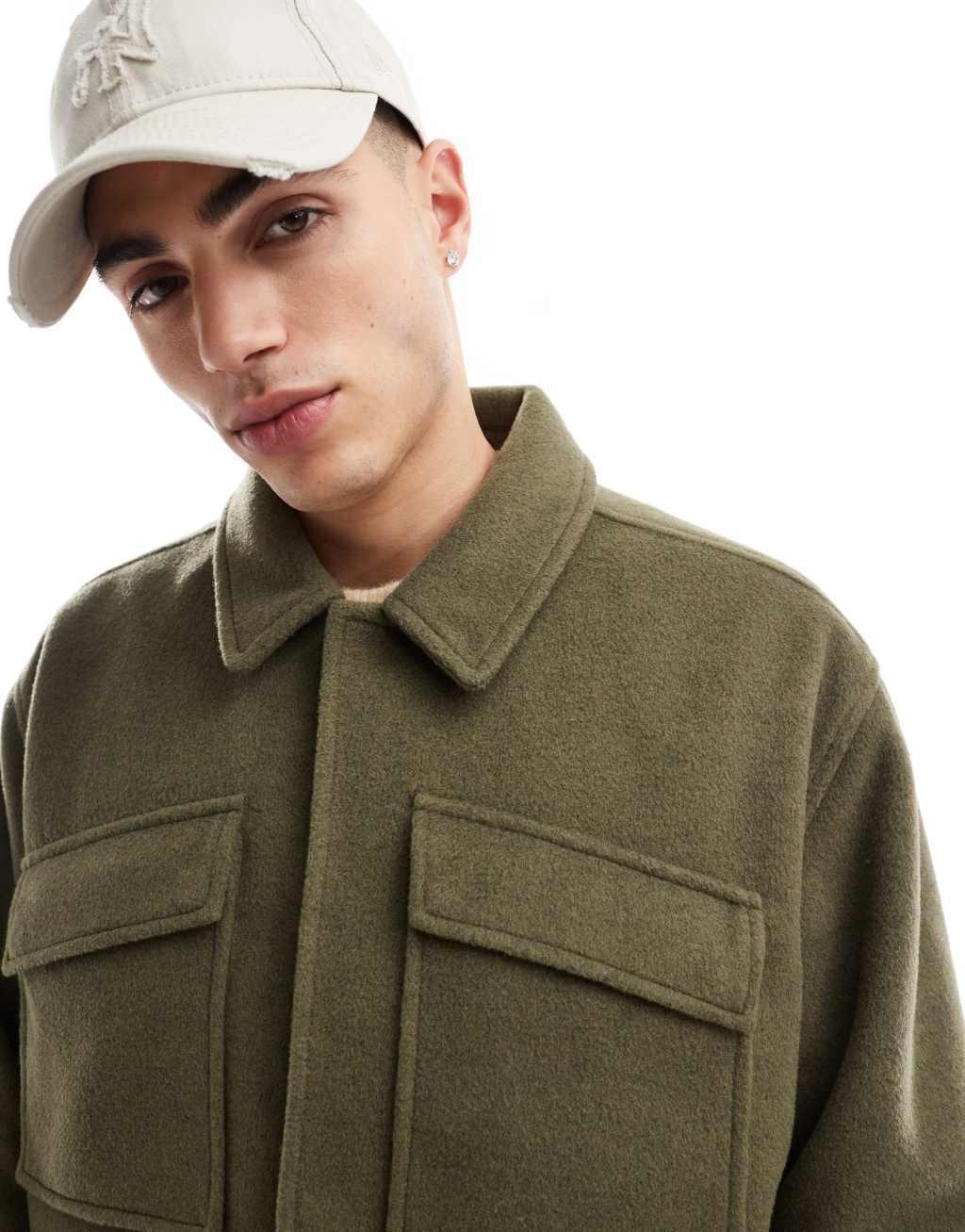 ASOS DESIGN oversized wool look harrington jacket in khaki Product Image