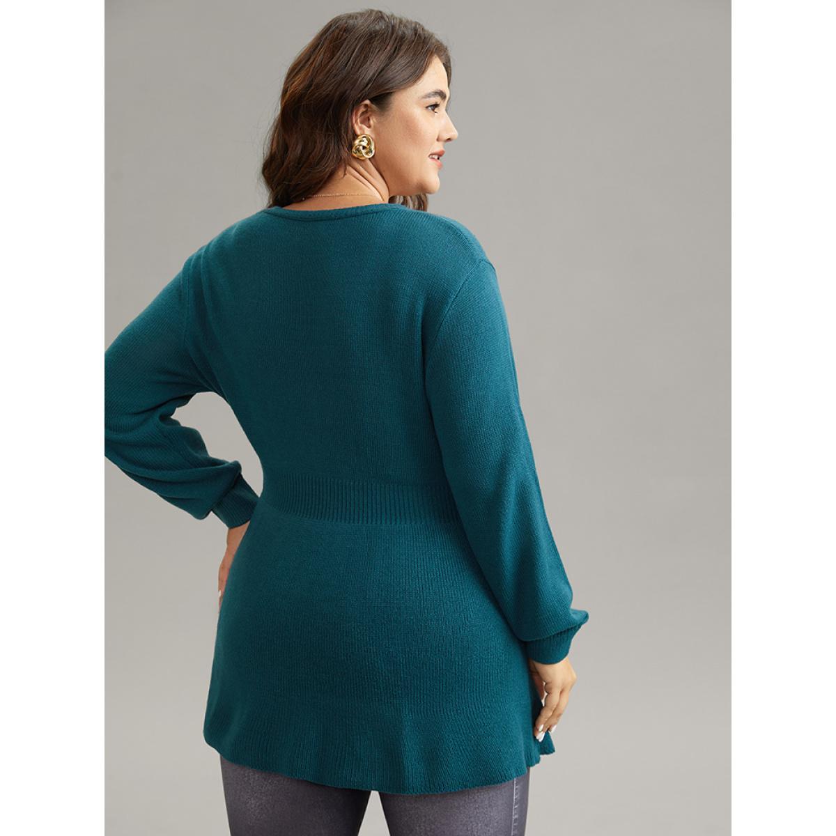 Plus Size Plain V Neck Button Detail Knit Pullover Teal Women Casual Loose Long Sleeve V-neck Dailywear Pullovers BloomChic 30/6X Product Image