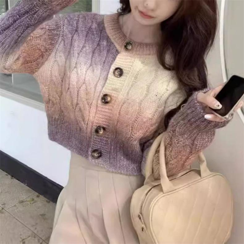 Crew Neck Gradient Cable Knit Button-Up Crop Cardigan Product Image