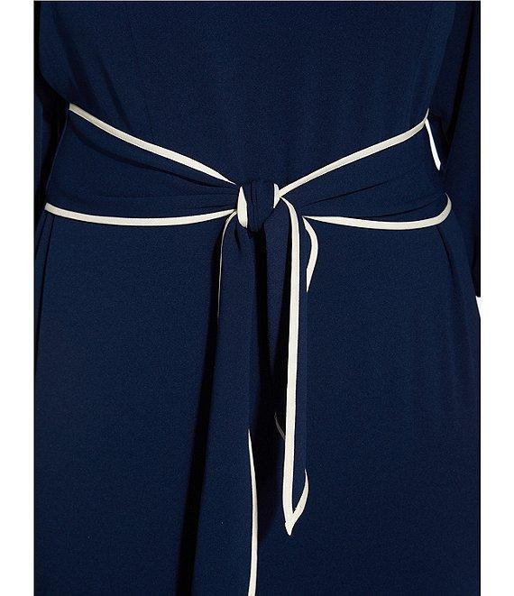 Adrianna Papell Petite Size Contrast Trim Boat Neck 3/4 Sleeve Tie Waist Crepe Dress Product Image
