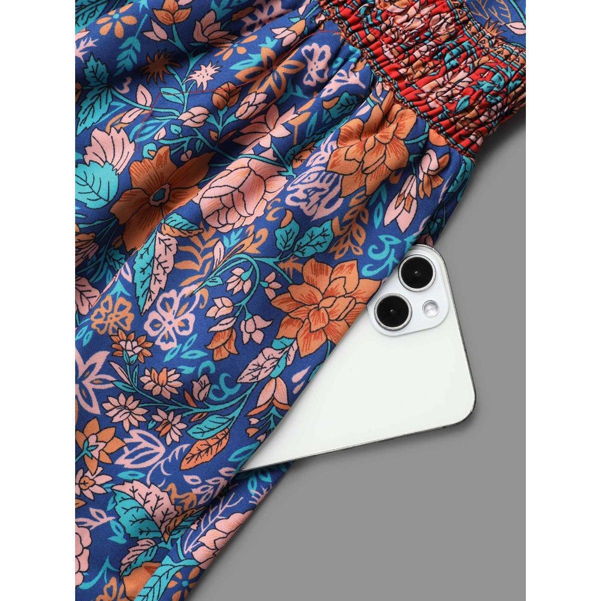 Plus Size Boho Print Ruffled Shirred V-Neck Maxi Dress Mediumblue Women Resort Shirred Overlap Collar Half Sleeve Curvy BloomChic 18-20/2X Product Image