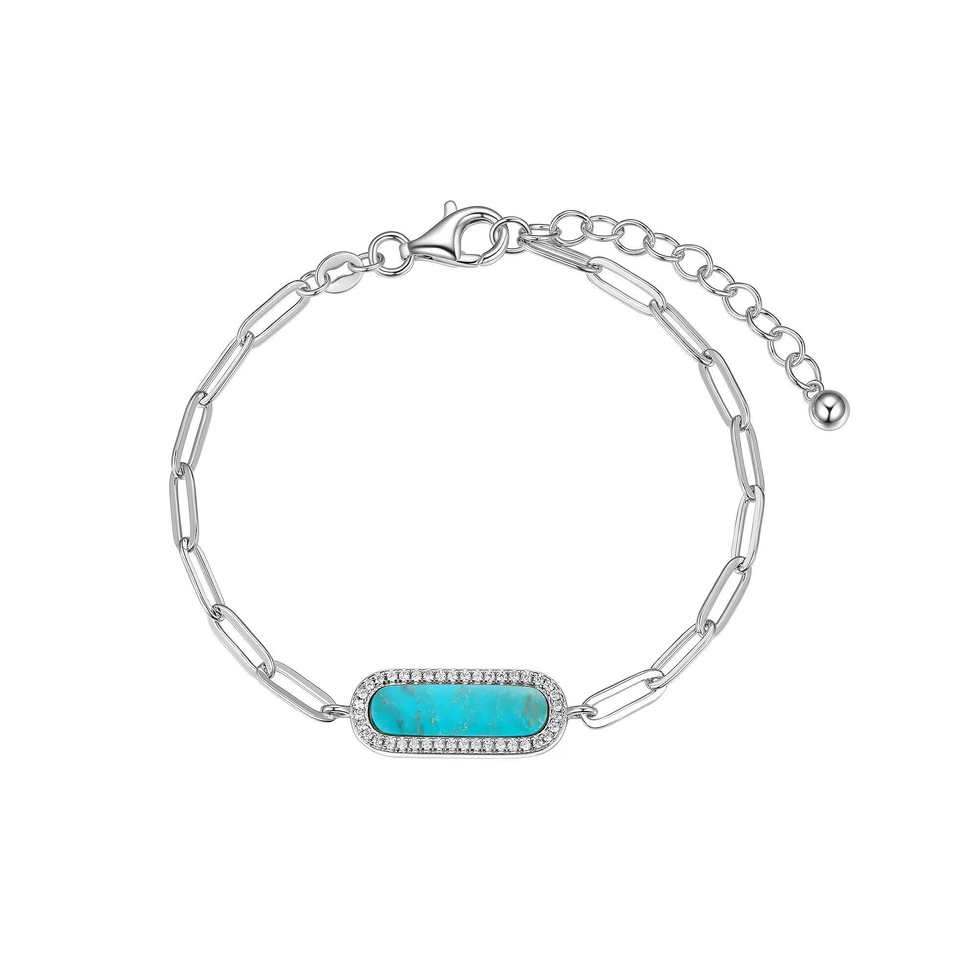 Sterling Silver Stabilized Turquoise & Cubic Zirconia Link Bracelet, Womens Product Image