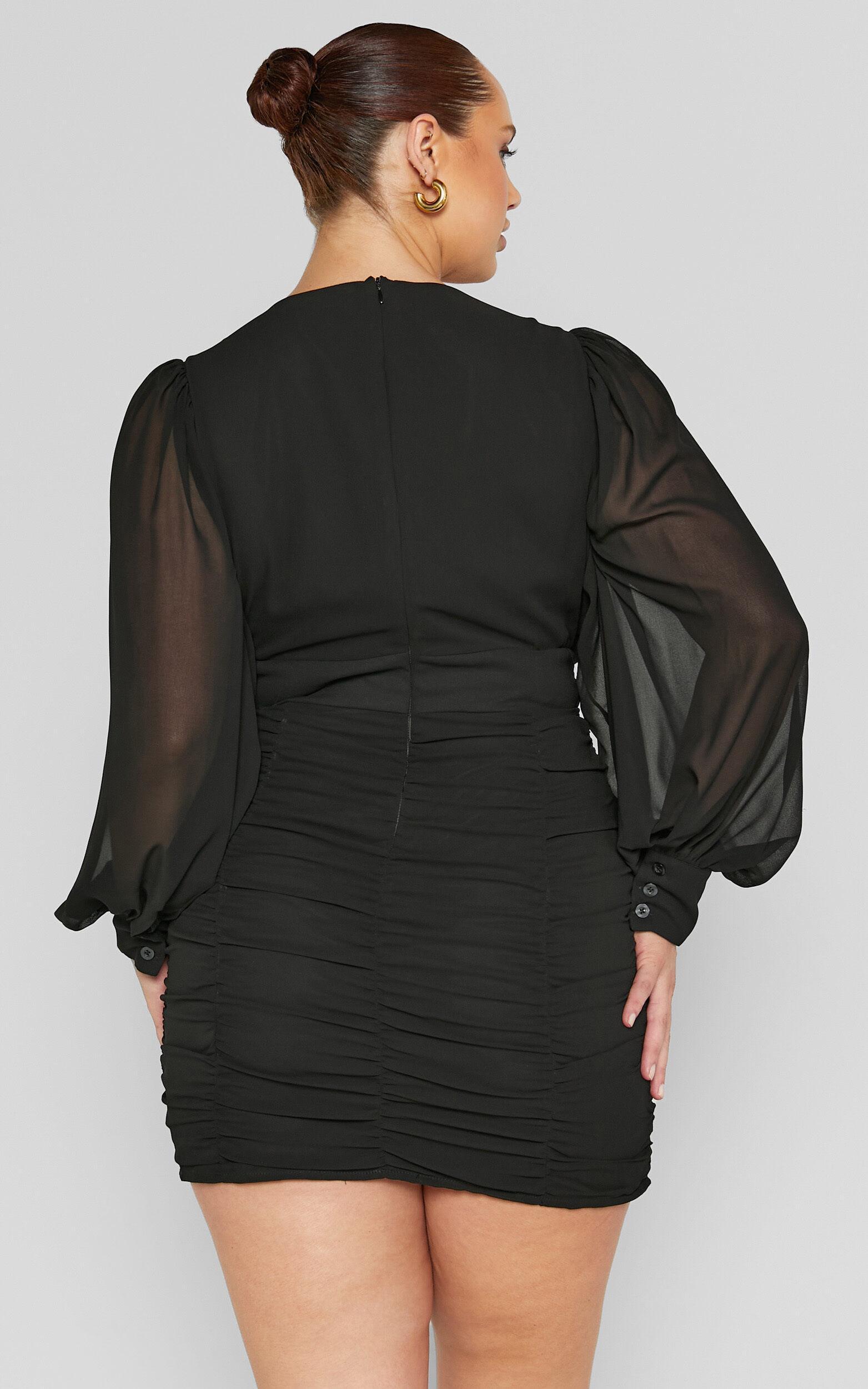 Hollis Mini Dress - Ruched Long Sleeve Plunge Neck Dress in Black Product Image