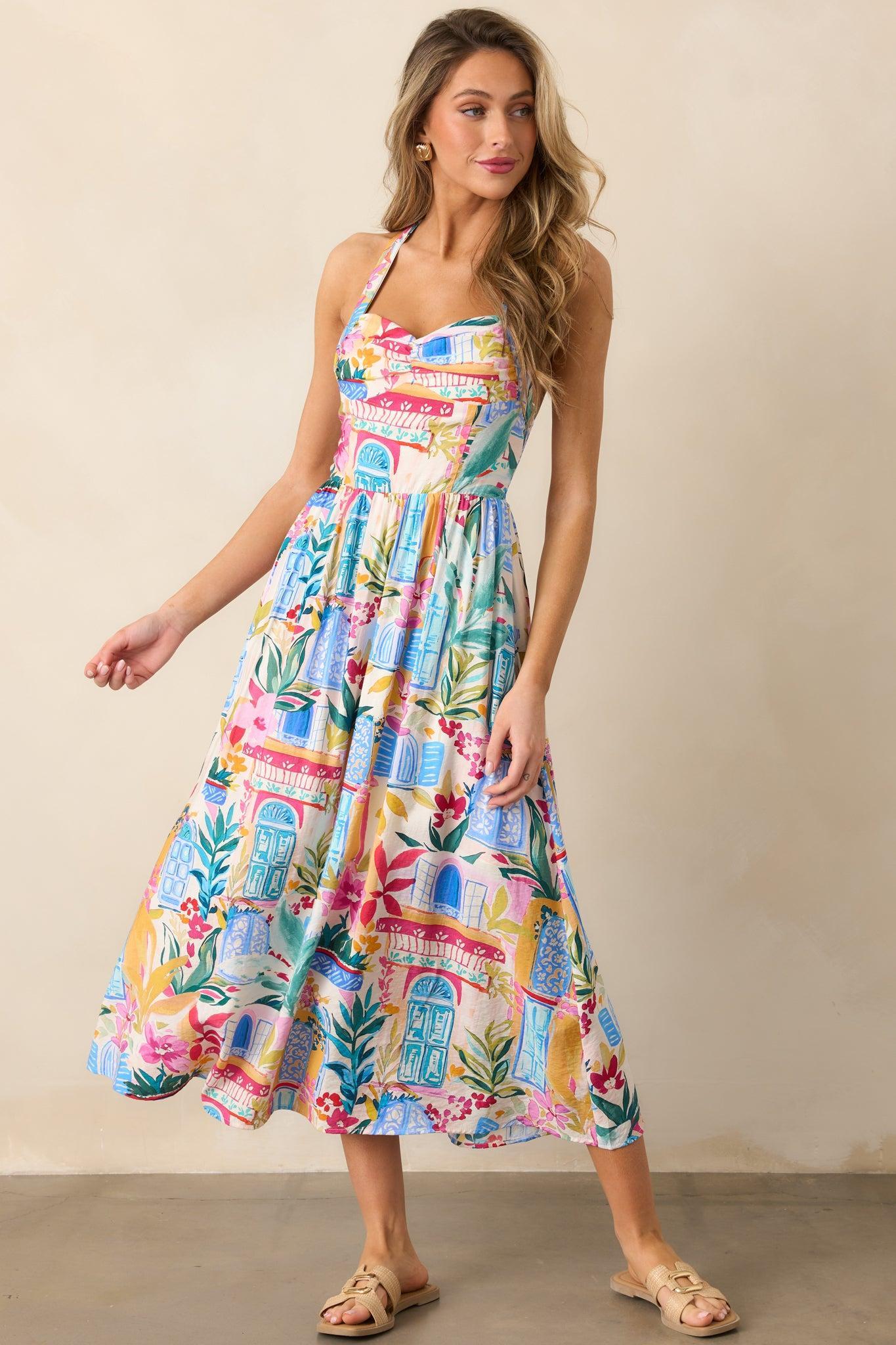 Seaside Brunch Blue Multi Tropical Print Maxi Dress Product Image