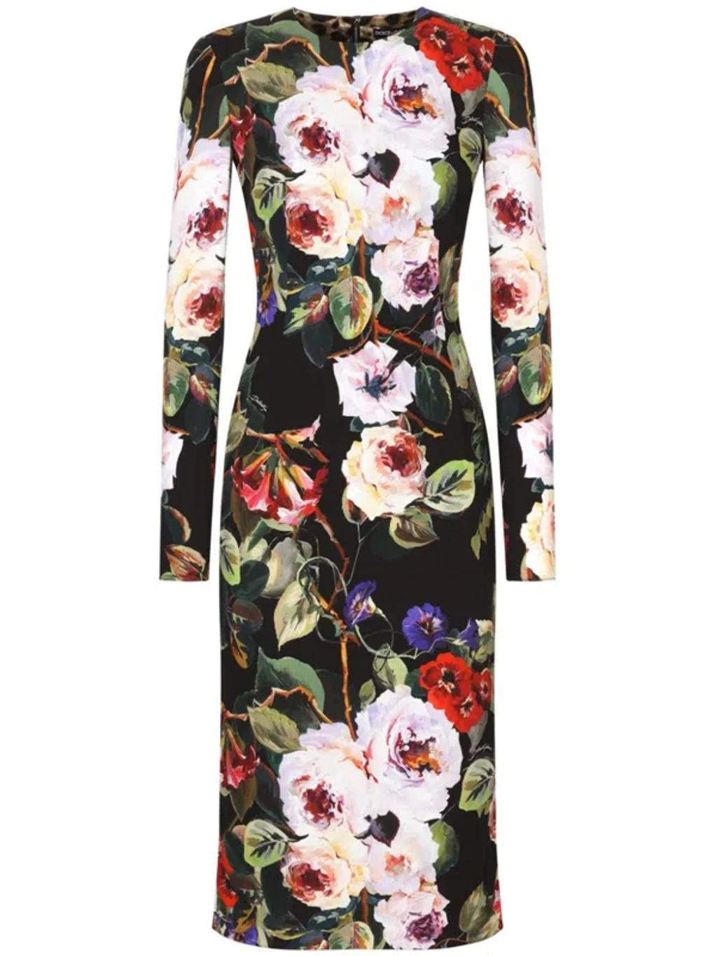 DOLCE & GABBANA Floral-print Long-sleeve Midi Dress In Multicolor Product Image