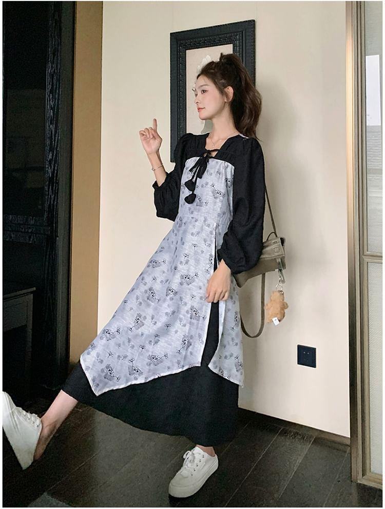 Long-Sleeve Square Neck Mock Two-Piece Floral Print Layered Tie Front Midi A-Line Dress Product Image