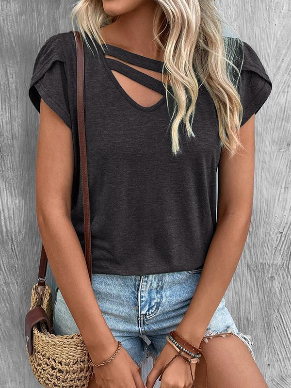 Loose Short Sleeves Solid Color V-Neck T-Shirts Tops Product Image