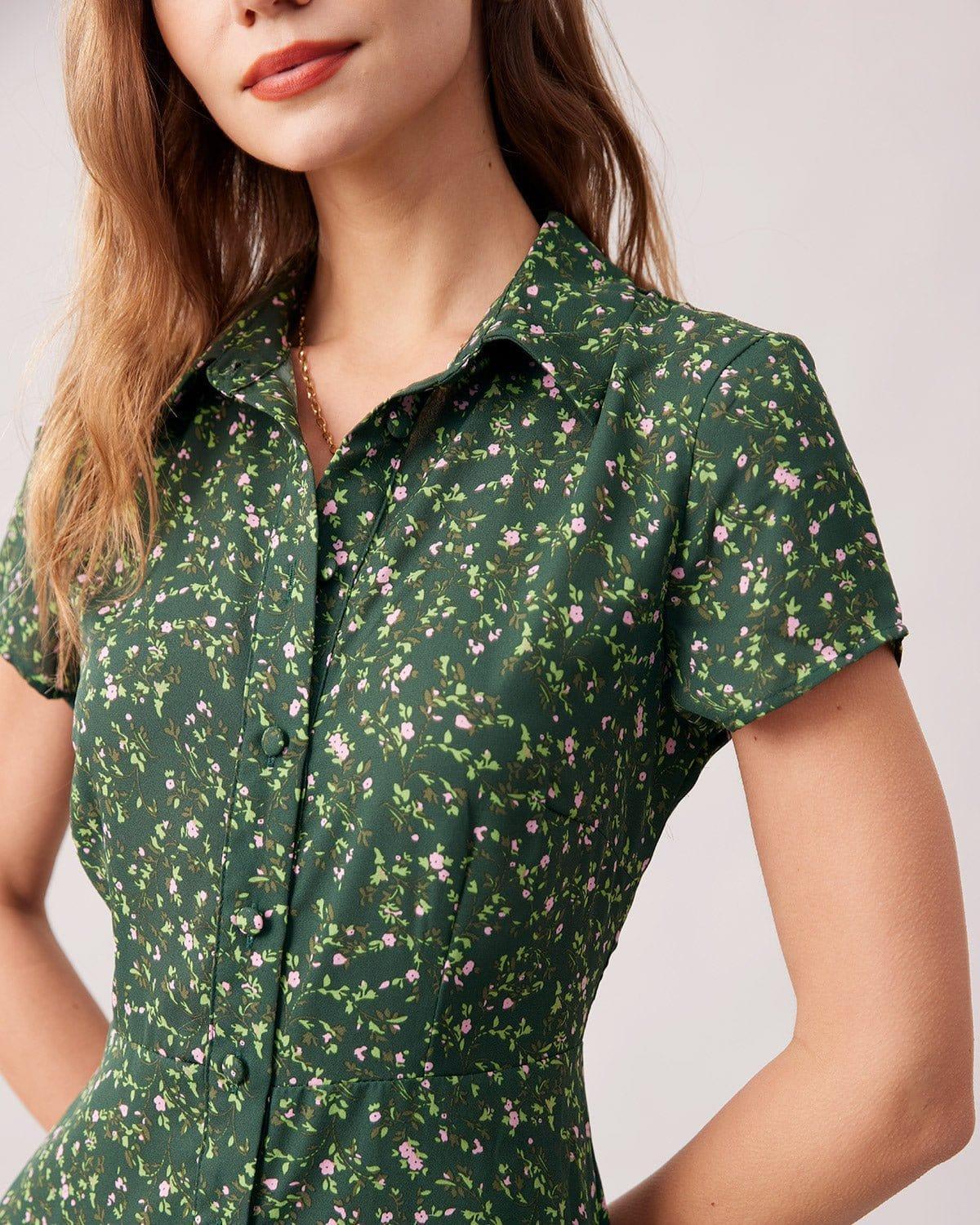 The Green Lapel Button Up Floral Midi Dress Female Product Image